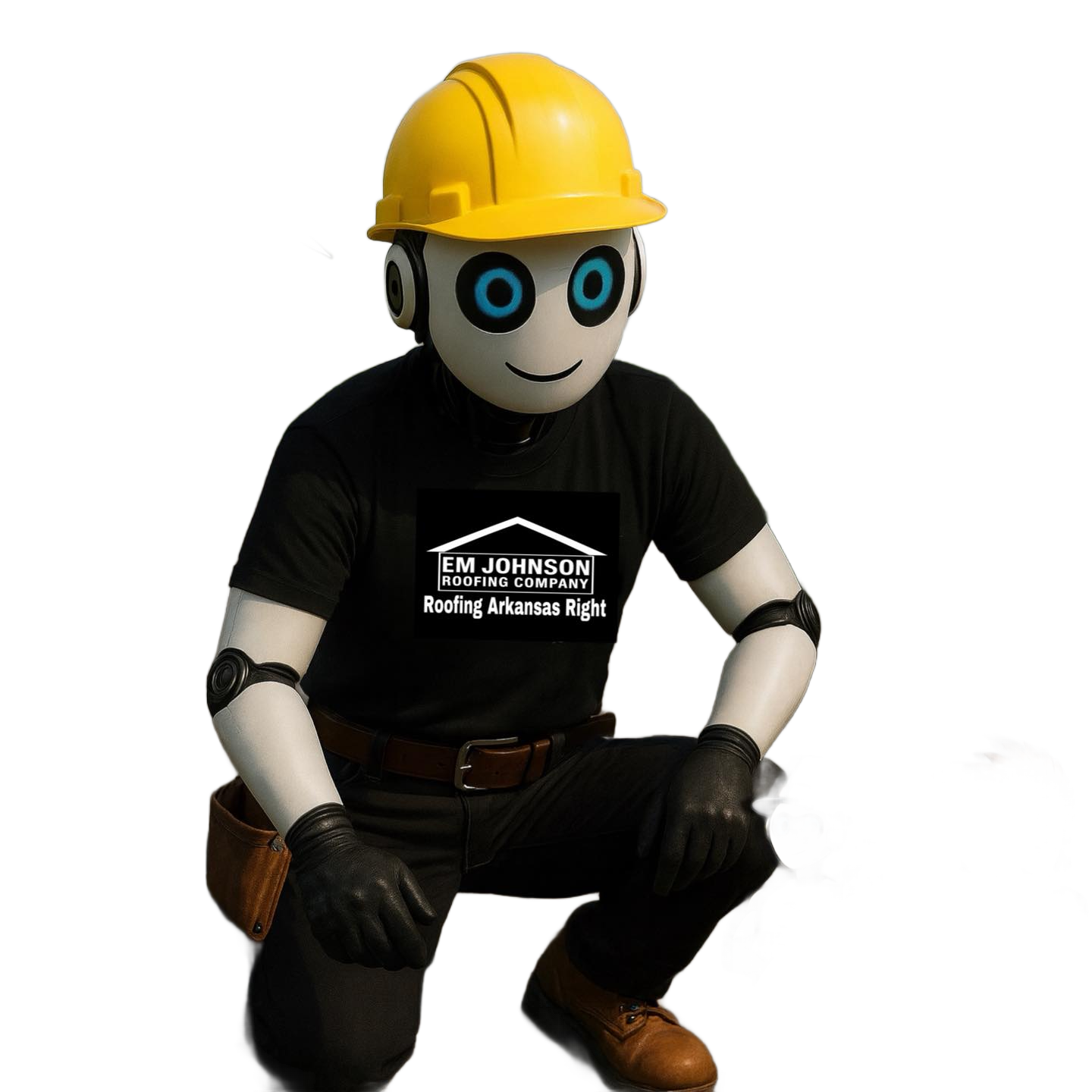 A robot with big blue eyes, wearing a yellow hard hat, black gloves, a tool belt, and a black T-shirt that says “EM JOHNSON ROOFING COMPANY Roofing Arkansas Right,” kneels on one knee against a plain white background.