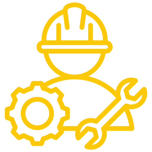 Yellow outline icon of a construction worker wearing a hard hat, with a gear and a wrench symbol in front, representing engineering or technical work.