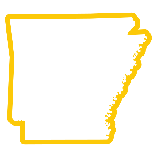 A yellow outline of the state of Arkansas is shown on a plain, light gray background. The shape is empty in the center and features the distinct borders of the state.