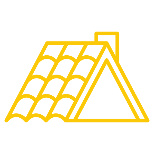 Yellow line drawing of a house roof with triangular gable and wavy roof tiles, shown against a light gray background.