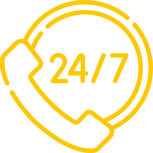 Yellow outline of a telephone handset and a clock with “24/7” in the center, symbolizing around-the-clock phone support or service availability.