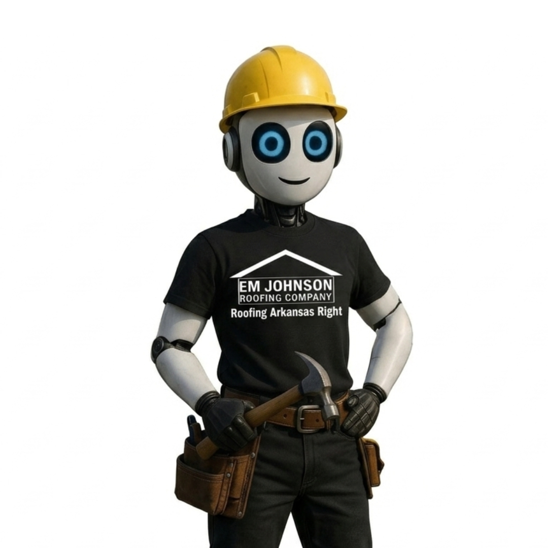 A friendly robot wearing a yellow hard hat, a black EM Johnson Roofing Company t-shirt, and a tool belt holds a hammer, standing against a white background.