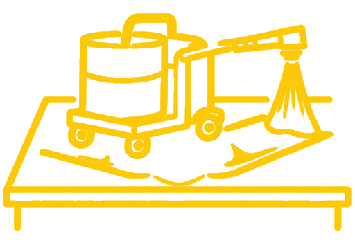 A yellow line drawing of a floor cleaning machine on wheels spraying water or cleaning solution onto a flat surface, possibly depicting floor or carpet cleaning.