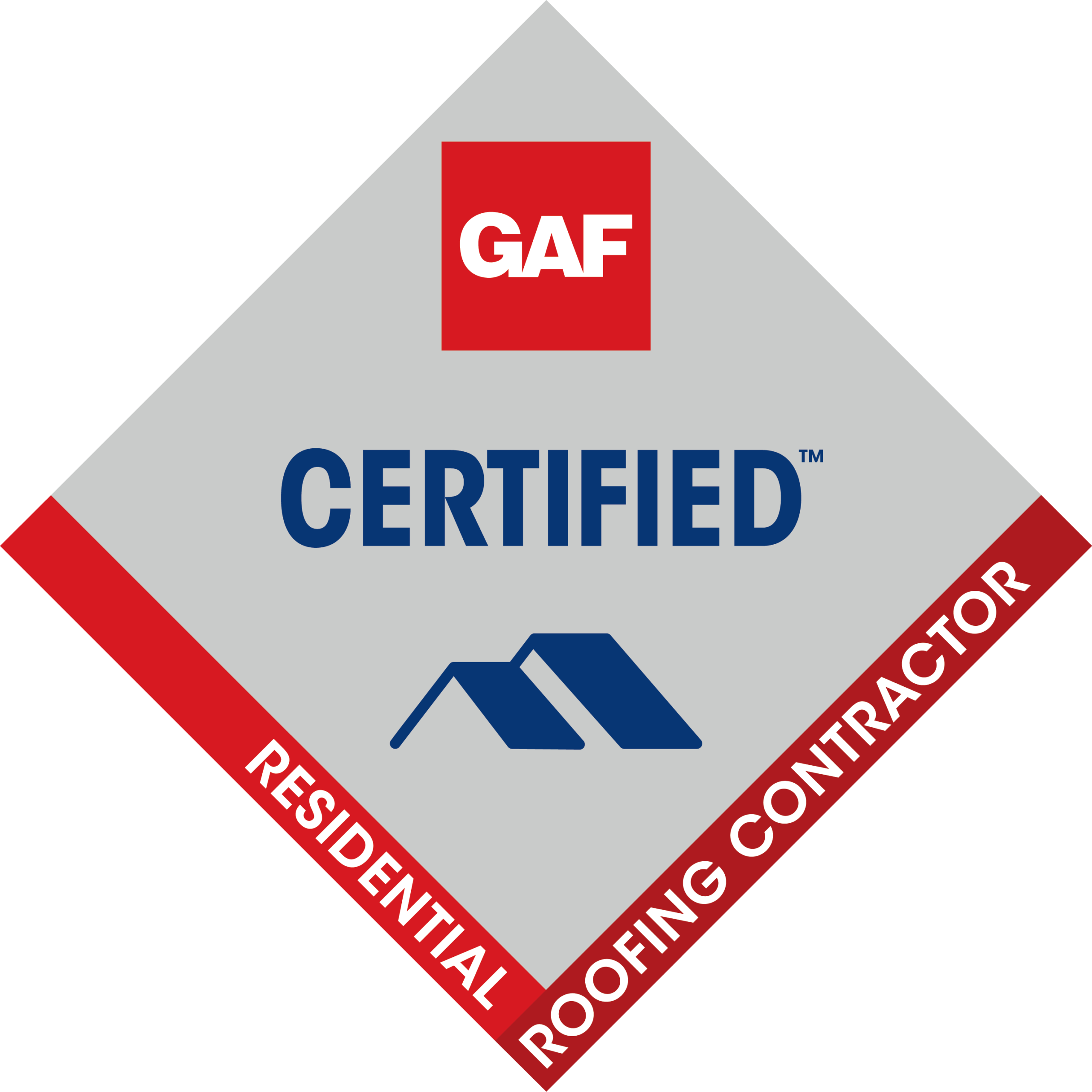 Diamond-shaped GAF Certified Residential Roofing Contractor badge with a red GAF logo at the top, blue text CERTIFIED in the center, and a blue roof icon, bordered by a red band with white text.
