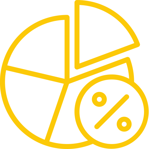 Yellow outline of a pie chart with five segments, one separated, and a percentage symbol inside a circle overlapping the chart, on a light gray background.