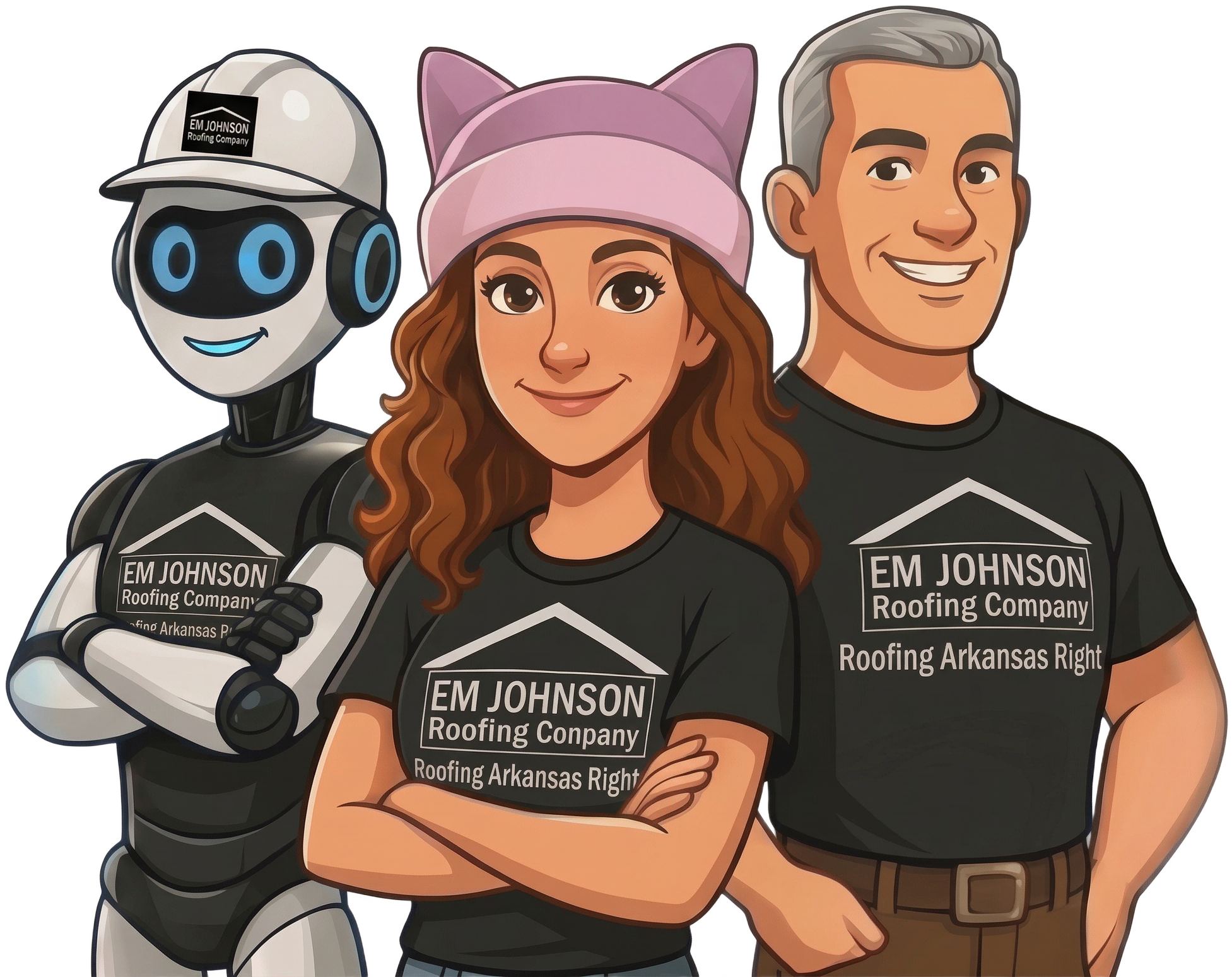 Illustration of a robot, a woman in a pink cat-ear hat, and a man with gray hair, all wearing EM JOHNSON Roofing Company shirts and smiling confidently.