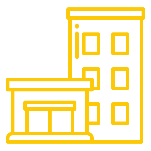 Yellow outline illustration of two buildings, one smaller with double doors in front and one taller with multiple windows, on a light gray background.