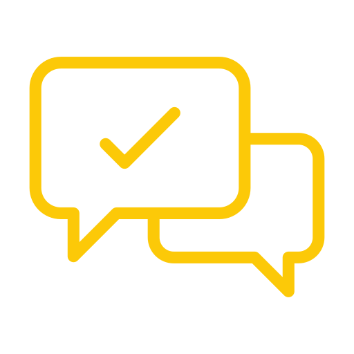 Two overlapping yellow speech bubbles on a light gray background; the front bubble contains a checkmark symbol.