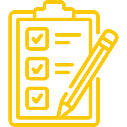 A yellow outline of a clipboard with three checkboxes, each marked with a check. A pencil is shown beside the clipboard, suggesting making or checking off a list.