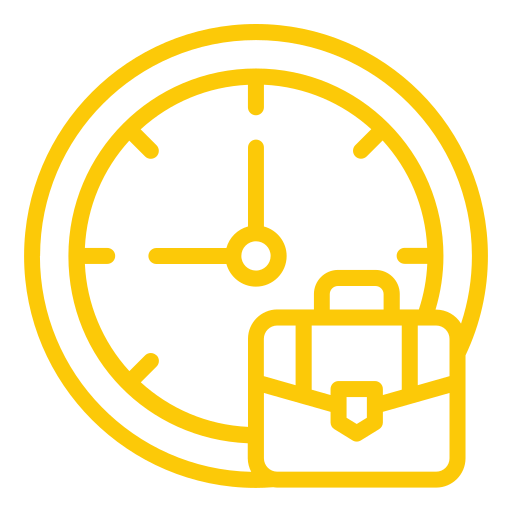 Yellow outline of a clock showing 9 o’clock with a briefcase icon in front, symbolizing work hours or business time, on a light gray background.