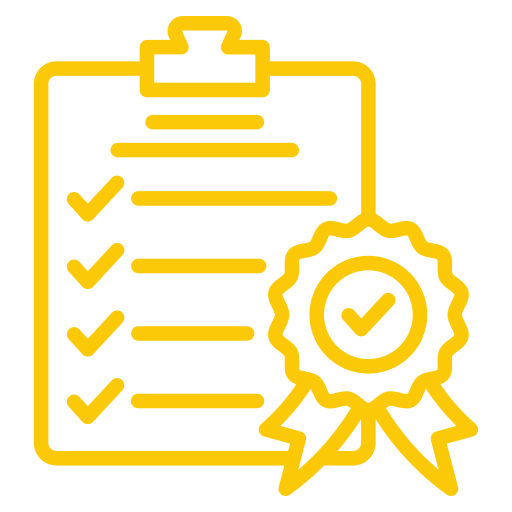 Yellow outline of a checklist on a clipboard with five check marks, and an award ribbon with a checkmark, symbolizing completed tasks and achievement.