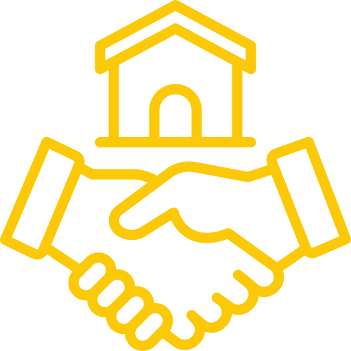 Yellow outline of two hands shaking, with a simple house icon above them, symbolizing a real estate deal, partnership, or agreement related to housing or property.