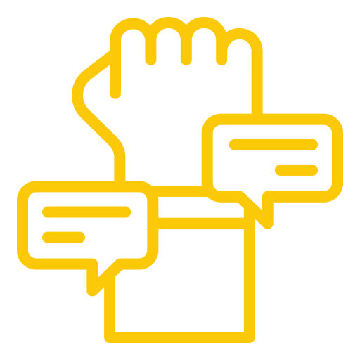 Yellow outline of an upright fist with three speech bubbles around it, suggesting communication, empowerment, or activism. The background is white.