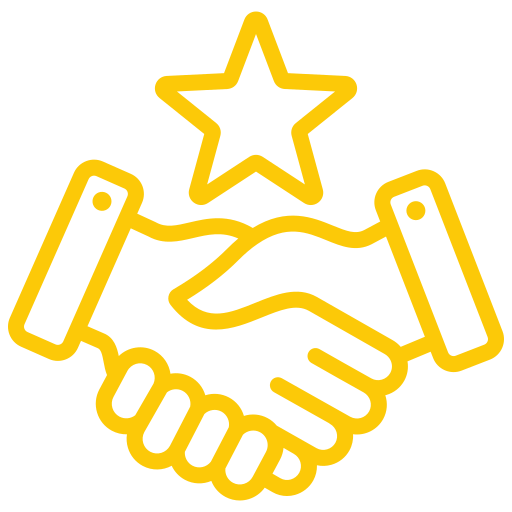 Yellow outline icon of two hands shaking beneath a star, symbolizing agreement, partnership, or successful collaboration.