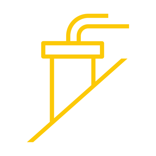 A yellow outline icon of an escalator handrail on a light gray background, showing a rectangular rail and two curved lines representing the handrail mechanism.