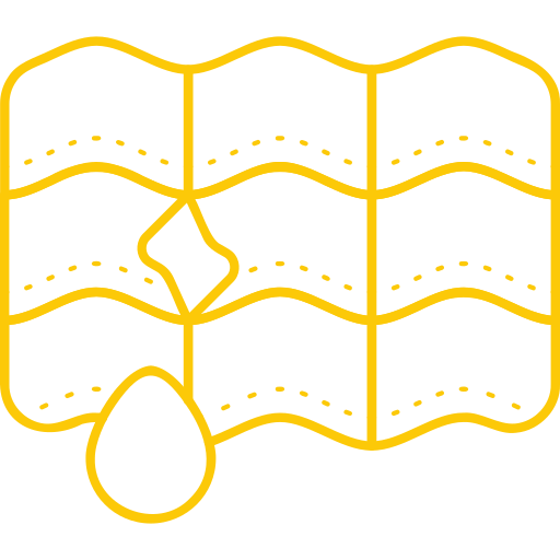 A simple yellow line drawing of a folded map with dashed lines and a large droplet shape overlapping the lower-left corner.
