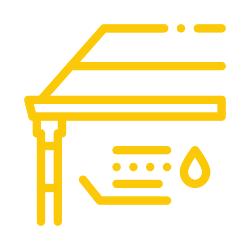 Yellow line icon of a roof with water droplets and lines underneath, representing rainwater drainage or gutter system on a light gray background.