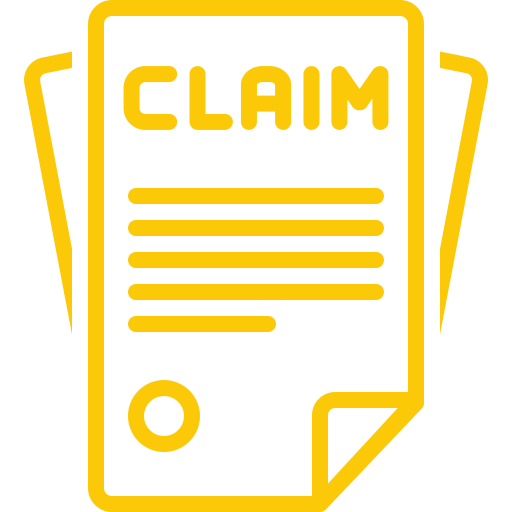 Yellow outline of a document with the word CLAIM at the top, lines representing text, and a circular stamp, symbolizing an insurance or reimbursement claim form.