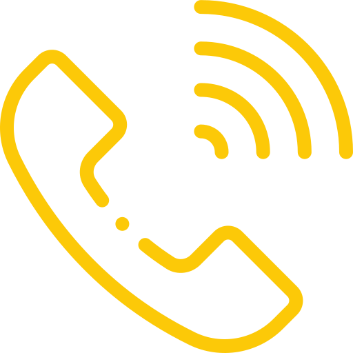 A yellow icon of a traditional telephone handset with three curved lines indicating sound or a phone call, on a light gray background.