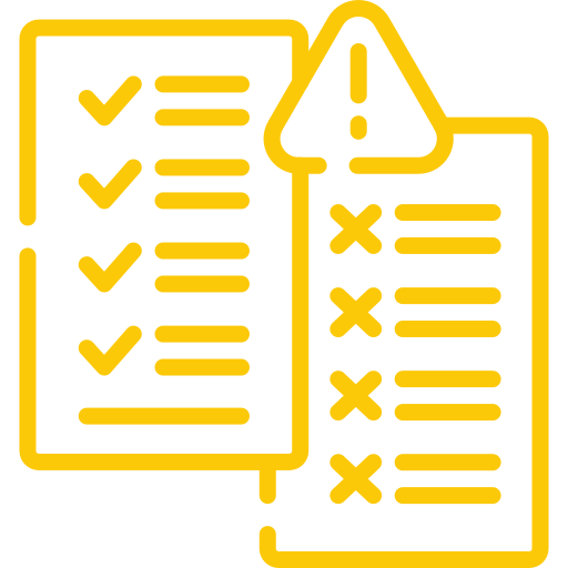 Yellow icon showing two checklists: the left list has check marks, and the right list has X marks and an exclamation point warning symbol above it, indicating comparison of correct and incorrect items.