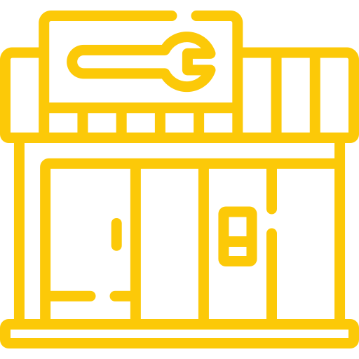 A yellow outline icon of an auto repair shop with a large wrench symbol above the entrance and double doors at the front.