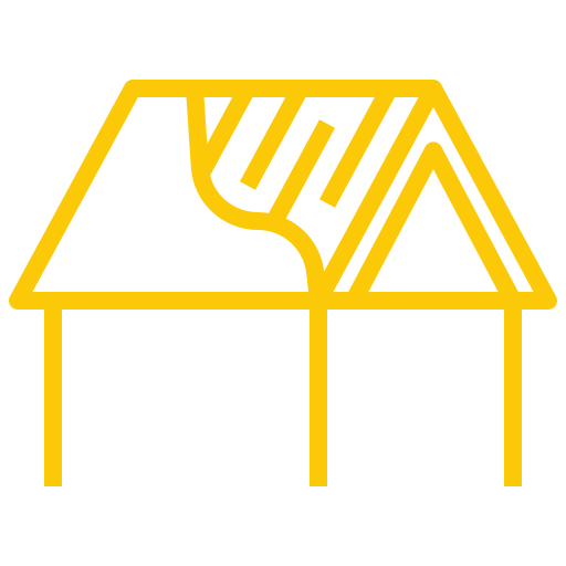 A yellow, minimalist line drawing of a house with two vertical lines for walls and a roof featuring abstract, geometric patterns on a light gray background.