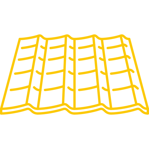 Yellow line drawing of a sheet of corrugated roofing with multiple vertical ridges and curved horizontal lines, shown on a white background.