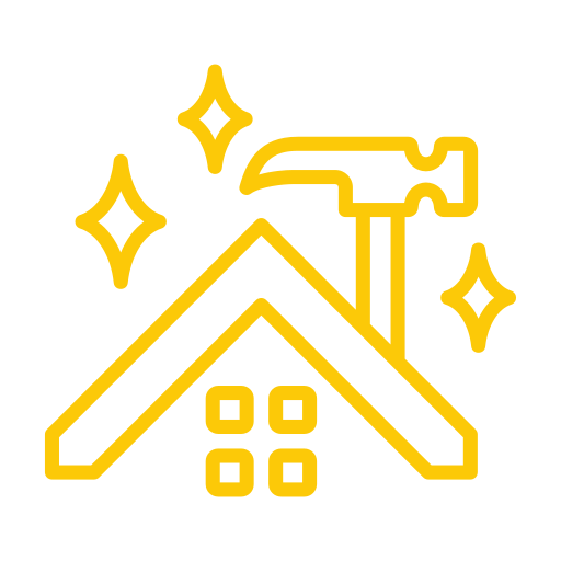 A yellow outline icon of a house roof with a window, a hammer above it, and three sparkling stars, symbolizing home improvement or renovation.
