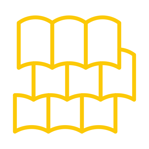 Yellow outline of six open books arranged in two rows of three, with the row on top slightly overlapping the row below, on a light gray background.