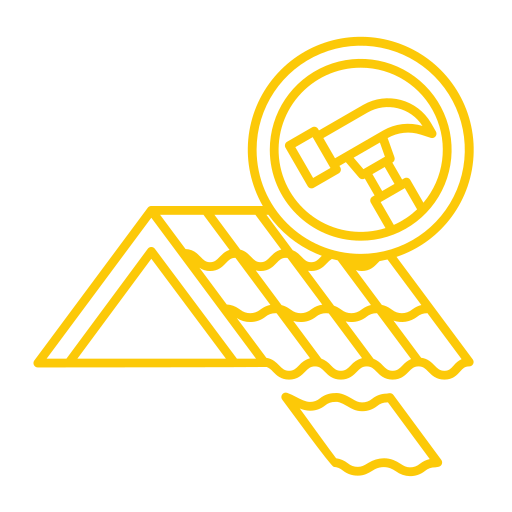 Yellow line drawing of a house roof with shingles, one shingle falling off, and a hammer icon in a circle above the roof, suggesting roof repair or maintenance.