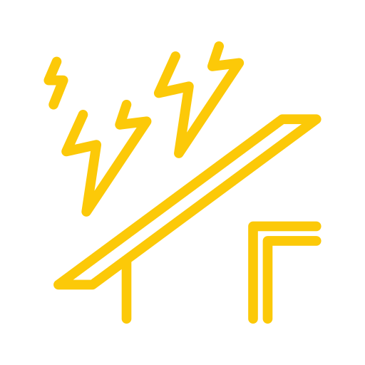 A yellow outline of a lightning bolt striking a slanted surface, with two right-angle lines below, all on a light gray background.