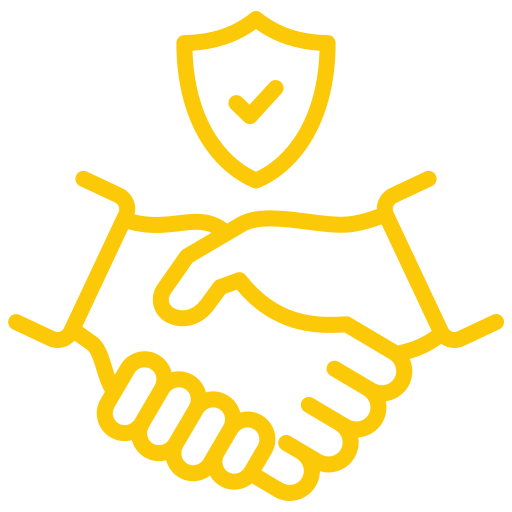 Yellow outline of two hands shaking, with a shield and check mark above them, symbolizing trust, agreement, partnership, or security. The design is simple on a light gray background.