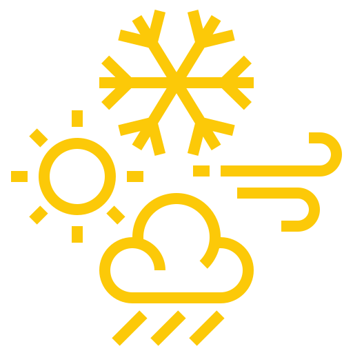Yellow weather icons on a light gray background, including a snowflake, sun, wind, cloud, and rain, representing different weather conditions.