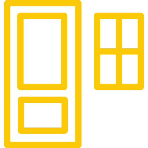 A simple yellow outline of a door with two panels next to a window with four panes, both on a light gray background.